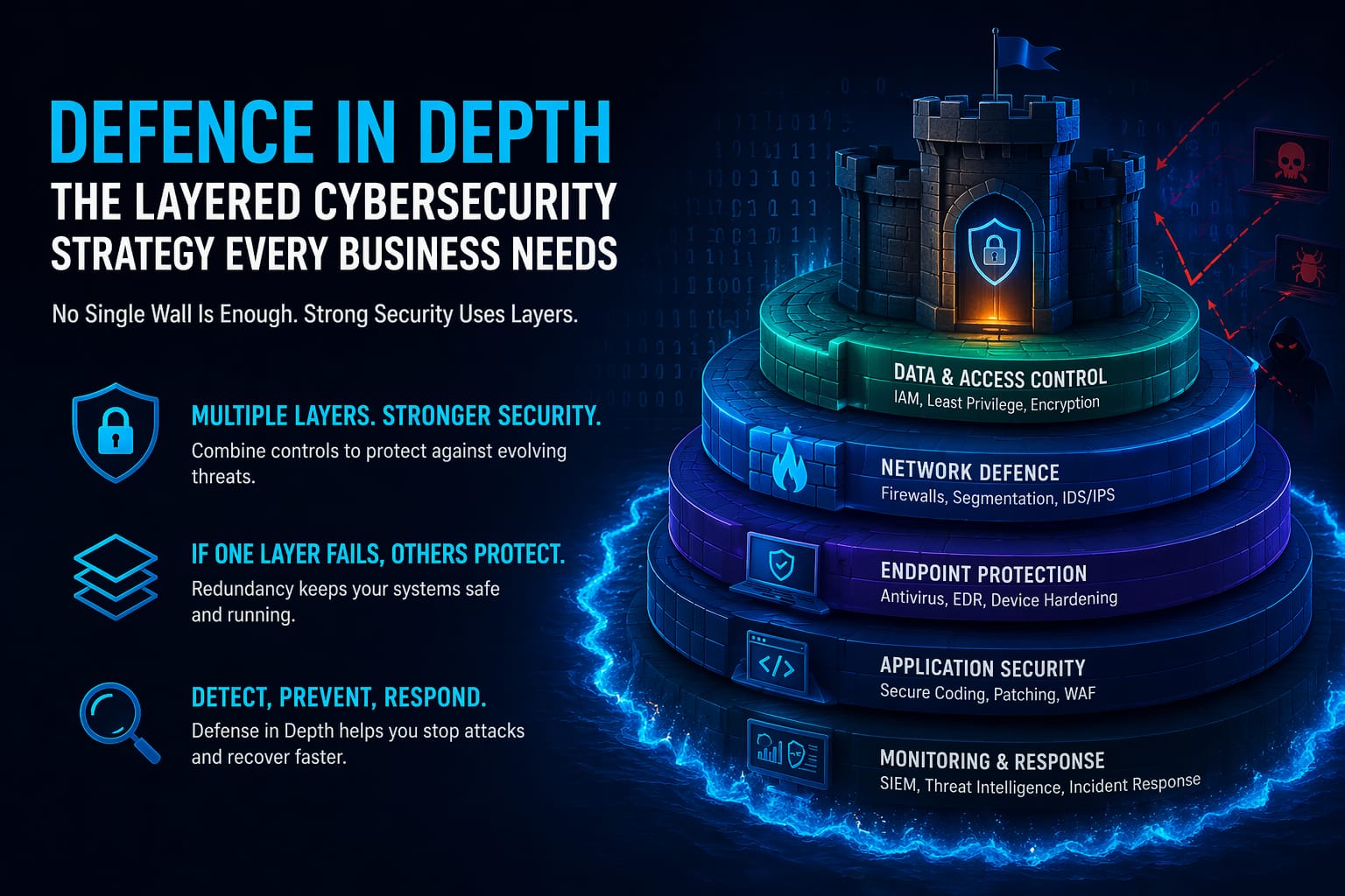 Defense in Depth cybersecurity strategy showing multiple layers of business security protection